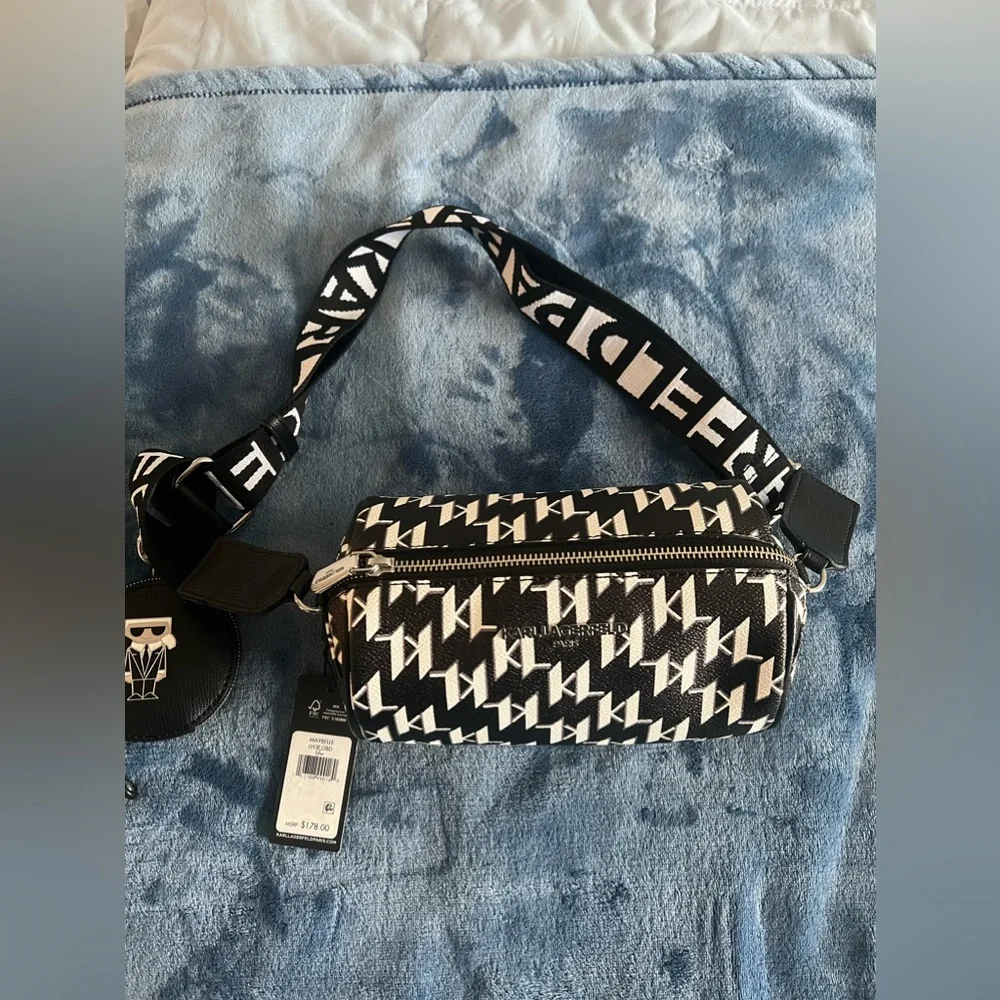 Karl Lagerfeld Black and White Monogram Crossbody Bag with Strap
